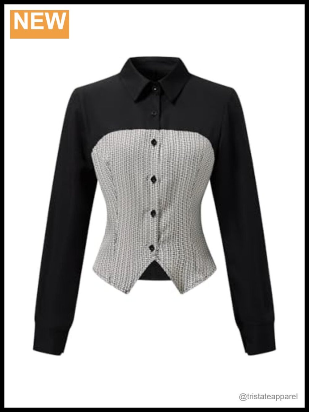 Houndstooth Print Long Sleeve Collared Blouse Button Up Women's